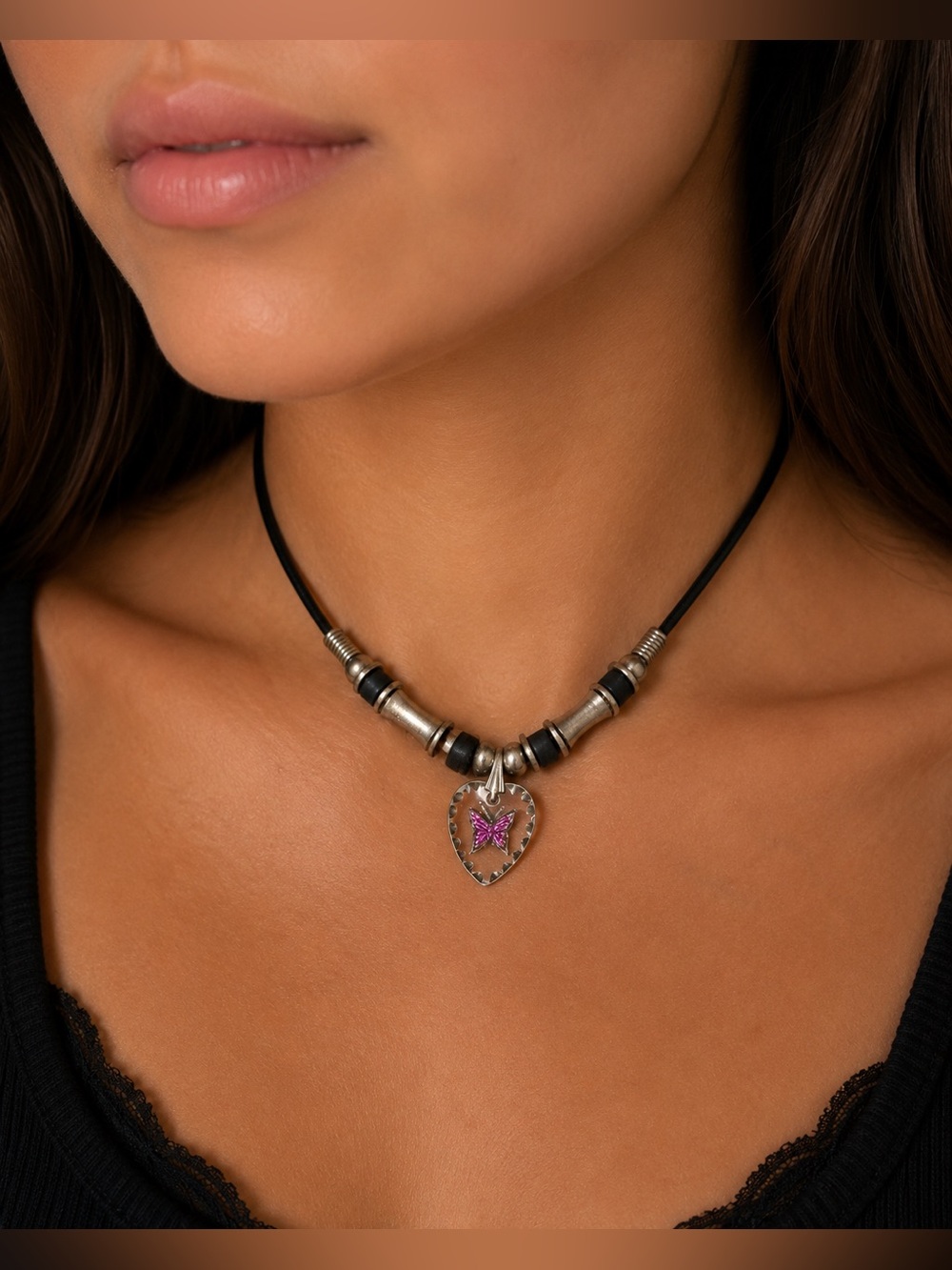 NWT Silver Tone Pink Butterfly Heart Pendant Faux Leather Cord Necklace Y2K